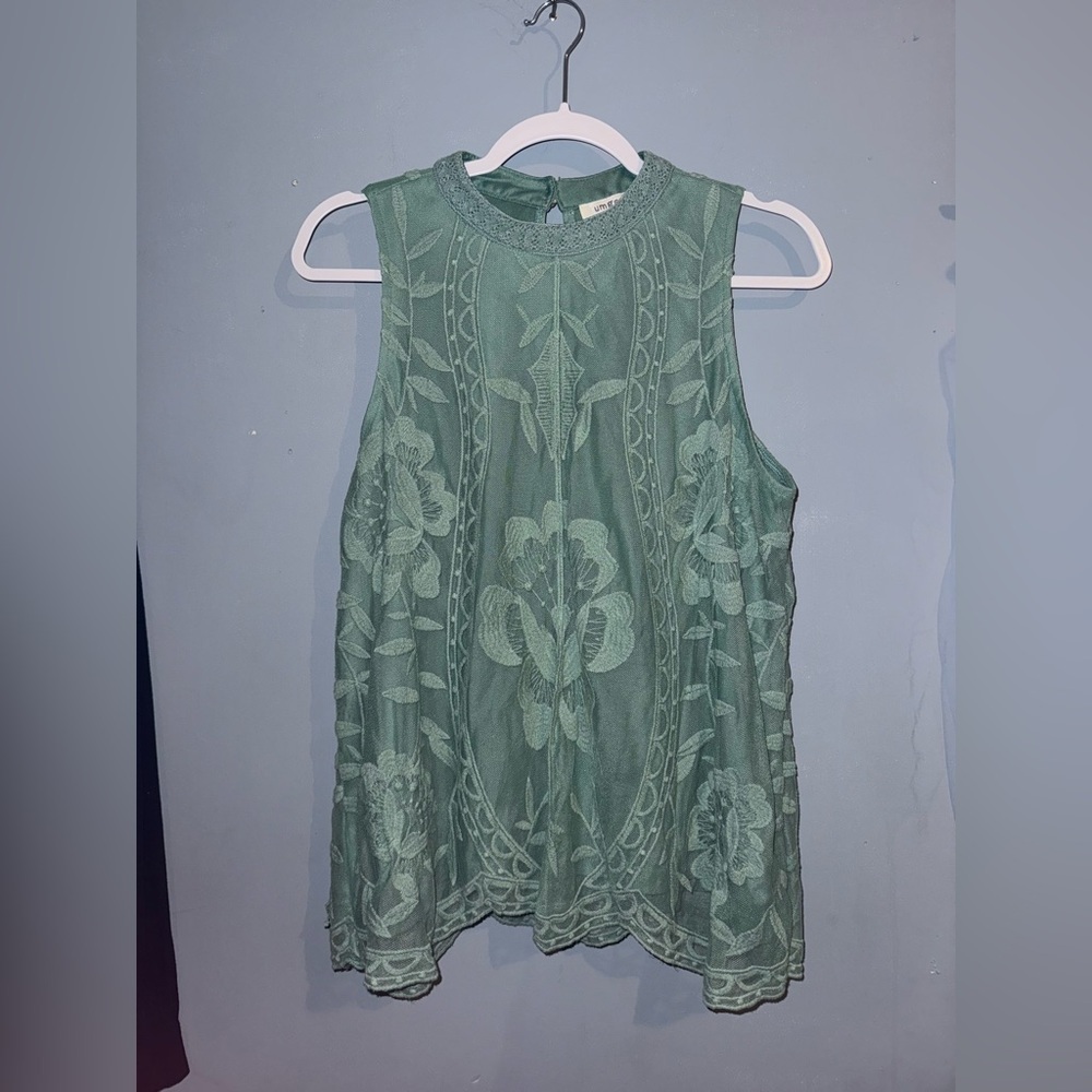 Umgee Sage Green Embroidered Sleeveless Blouse